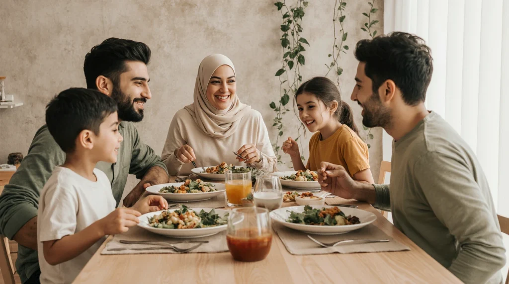 خانواده ای در حال خوردن غذای گیاهی هستند