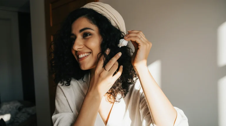 دختری ایرانی در حال مراقبت از موی فر خود است