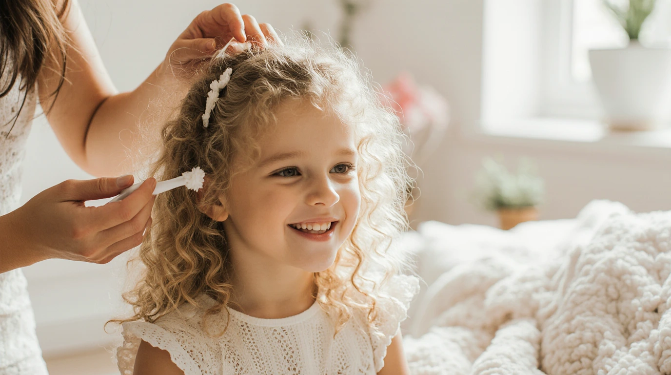 مادری درحال مراقبت از موی فر دخترش